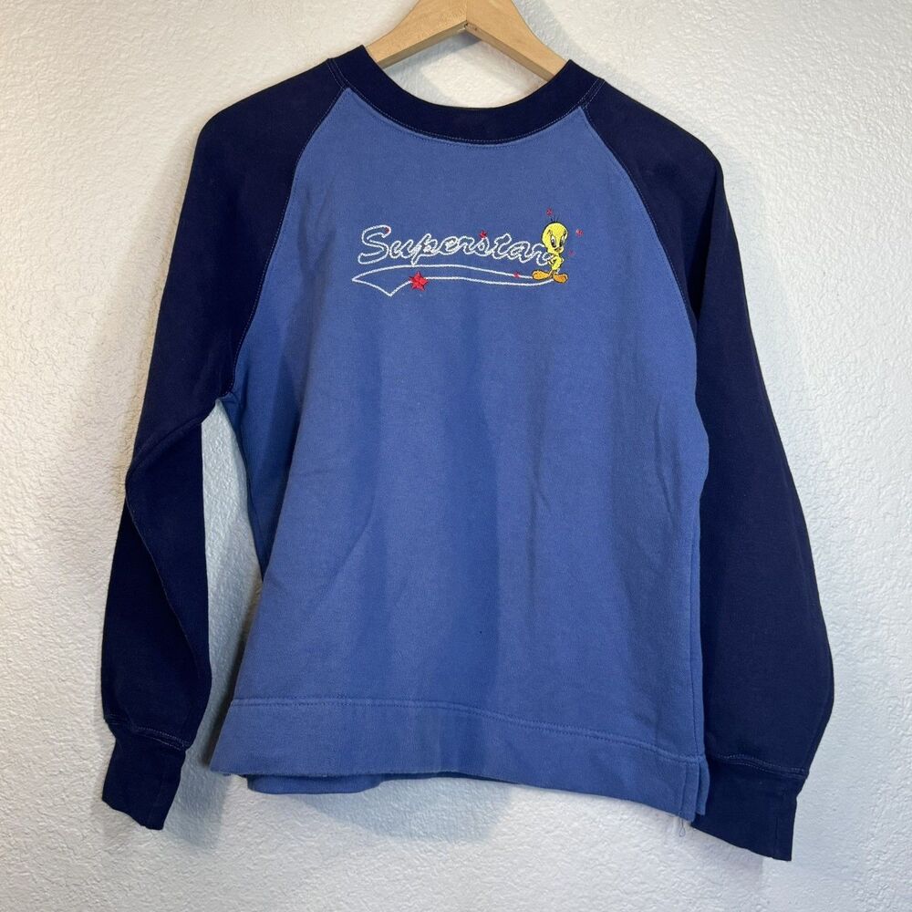 VTG Looney Tunes Sweatshirt Crewneck Blue Embroidered Tweety WB 2000s Y2K Size S